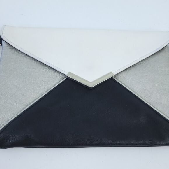 Express Black, White, Silver Envelope Purse Clutch Wristlet 9"L X 6.5"H, Chain - Picture 3 of 6